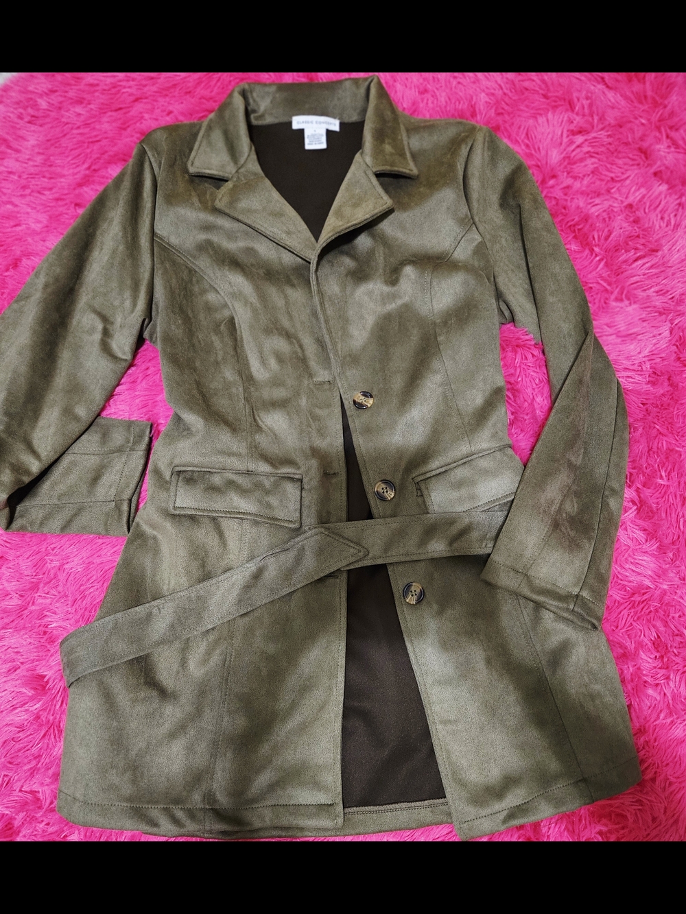 Classic Elements Olive Green Faux Suede Belted Trench Coat